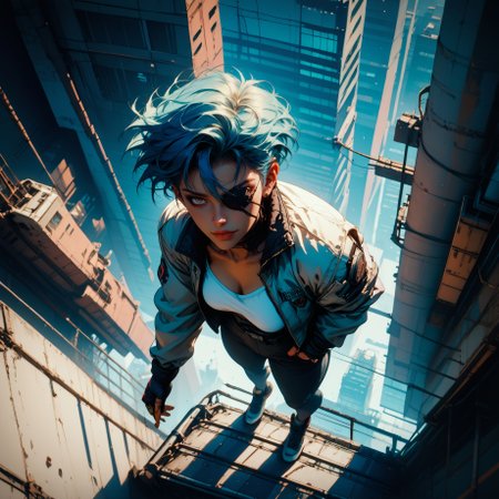 (score_9, score_8_up, score_7_up), (thick lineart, sharp edges, cel shading, linear hatching )
BREAK
cyberpunk, industrial park, grim, dark
BREAK
from above, full body, female,  1women, (dark-skinned female), blue hair, left eyepatch, sexually suggestive, climbing clothing, climbing gear, standing on top of a industrial rooftop,
<lora:Bad_Hands_lora:0.8> <lora:add-detail-xl:1>   <lora:nostalgia:1>