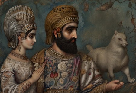 Cyrus the great is speaking in Babylonia:
a low person was put in charge of his country, 
but he set a counterfeit over them. 
He made a counterfeit of Esagil and for Ur and the rest of the cult-cities
Rites inappropriate to them, impure food- offerings disrespectful were daily gabbled, 
and, 
intolerably, he brought the daily offerings to a halt; 
he interfered with the rites and instituted within the sanctuaries. 
style of Qajar art, FastNegativeV2, green eyes, blue eyes, brown eyes, perfecteyes