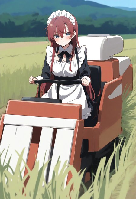 1girl,sincos, ningen mame, toosaka asagi,solo,medium breasts,20yo,maid,maid headdress,
combine harvester,ground vehicle,motor vehicle,grass,outdoors,day,sky,driving,sitting,field,<lora:combineharvester_XL_v1:0.7>
best quality, very aesthetic, absurdres