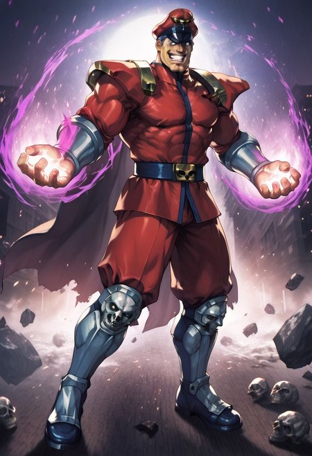 zPDXL3,RE_Engine,score_9_up,score_8_up,score_7_up,detailed,(best quality:1.2),digital media \(artwork\), BREAK, solo,best quality, 1boy, solo male, M bison, (street fighter), red uniform, red cape hat, grin, white eyes, peaked cap, silver skull pauldrons and gauntlets, grey hair, manly, military uniform, muscular, destroyed city, night, dynamic lighting, full body, floating, purple aura