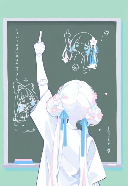 1girl, doll girl, chibi girl, doll joints, white hair, long hair, braided bun, blue hair ribbons, pink hair flower, standing, arm up, outstretched arm, back view, upper body,  holding chalk, chalkboard, drawing \(action\), middle finger \(drawing\), green background, minimalism, (monochrome, negative space:1.2), white theme, painterly, limited palette, whimsical, no lineart, no outline, fine art, masterpiece, best quality, good quality, very awa, very aesthetic, absurdres, newest, ma1ma1helmes_b_illu,sketch