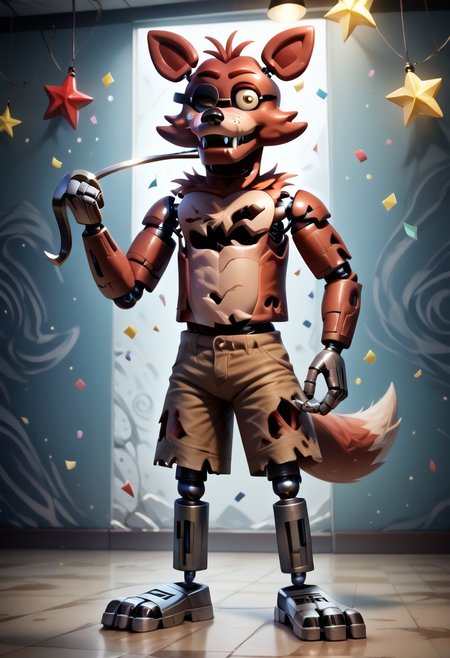 score_9, score_8_up, score_7_up, solo male, FoxyPirateFNAF1, yellow eyes, (hook hand:1.1), hook left hand, robot, withered animatronic, robot joints, animatronic, damaged body, red fur, brown shorts, torn clothing, chest tuft, head tuft, cheek tuft, shoulder tuft, metal legs, fox tail, fangs, biped, smirk, smug, grin, standing, bent legs, spread legs, full-length portrait, standing, cool, psychedelic background, star pattern, confetti, looking at viewer, 
BREAK
highly detailed, shading, highres, Masterpiece, perfect lighting, zPDXL3, detailed background