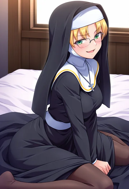 masterpiece, best quality, amazing quality, 1girl, solo, kyoukaww, green eyes, blonde hair, long hair, parted bangs, glasses, medium breasts, nun, traditional nun, habit, cross necklace, <lora:Ayamine_Kyouka_Yoridori_ill:0.8>, (from side), leaning forward, sitting, v arms, arms  between legs, indoors, (wariza:1.2), bedroom, on bed, bed, looking at viewer, (smirk), open mouth, blush, skindentation, detailed clothing folds, depth of field, sharp, high contrast, dynamic light
