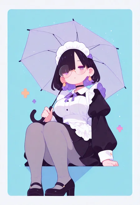 masterpiece, best quality, good quality, very aesthetic, absurdres, newest, 8K, viewed from below, legs focus, legs awe, BREAK 
side portrait of stunning girl sitting, bangs, black hair, bobcut hair, purple eyes, choker, hair over one eye, (rimless big round glasses), large breasts, earrings, ear pierces, ultra detailed decorative victorian gossamer clothes, very short tight black maid dress, maid apron, multi colored hair, grey tights, black pumps, simple pastel aqua background with thick white border, holding transparent umbrella, directional lighting, BREAK half closed eyes, blushing, unfocused eyes, slightly parted lips, distant gaze, emotionless look,face visible through umbrella,
ultra-realistic, Flatline, Flat vector illustration, haiz_ai, no lineart, no outline,
heavy-rain, rain,
pplegs, chubby legs, thick legs, skindentation,
<lora:haiz_ai_illu:0.8> <lora:flatline:1.65> <lora:ponyv6_noobE11_2_adamW:0.25>  <lora:Slider-LimbWidth:1.5> <lora:Slider-LegLength:-1.5> <lora:v0.04_Concept_pony:0.2>