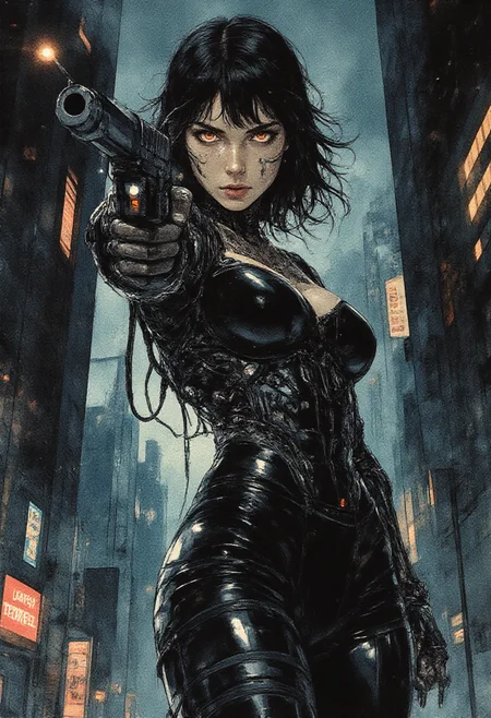 in a dark brooding dystopian city at night, biomechanical cyberpunk karolineleavitt  as a gorgeous young biomechanical cyberpunk bounty hunter,  her huge tits and erfect nipples. her body enhanced with advanced technology and weaponry, tracks down dangerous criminals in a dystopian future, With her sleek revealing sexy black suit and dimly glowing  eyes, cleavage, bare midriff navel, tattoos on neck and arms, she strikes fear into the hearts of those who dare to cross her path. Armed with a large sci-fi gun and a razor-sharp wit, she navigates the treacherous night of the city, always one step ahead of her prey, style of Benedick Bana and Shahab Alizadeh . cybernetics, human-machine fusion, dystopian, organic meets artificial, dark night, intricate, highly detailed, watercolor anime style. Dystopian, shades of gray with highlight colors. Angled, legs apart, pointing gun at camera. Extreme perspective. Action pose with gun. Cinematic action style. <lora:RetroAnimeFluxV1:0.7> <lora:Mezzotint_Artstyle_for_Flux_-_by_Ethanar:0.6> <lora:Karoline_Leavitt_FLUX:1> <lora:CPA:0.7> anime