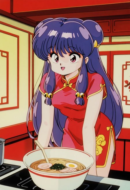 masterpiece, best quality,
shampoo, 1girl, solo, pink eyes, purple hair, knee-length hair, double hair bun, hair ornament, hair bell, sidelocks, bangs, fringe and two strands hanging in front,
outfit_retro, retro artstyle, dress, china dress, red dress, short sleeves,
happy, indoors, restaurant, cooking ramen, dynamic angle, dynamic pose