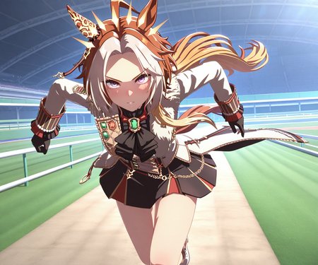 masterpiece, best quality, amazing quality, , 1girl, solo,umamusume, racetrack, running,  <lora:Orfevre in game style 3D ILL-v2:1> ummsmingame, 3d, orfevre \(umamusume\), skirt,