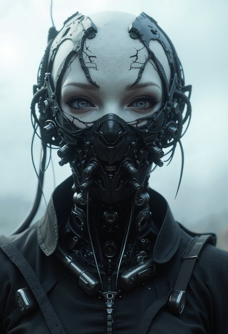 bo-chromatic, a highly detailed cgi rendering of a futuristic, alien-like creature, the subject is a humanoid female with pale skin and large, expressive eyes, she wears a sleek, black, metallic mask that covers her entire face and neck, with intricate, geometric patterns etched onto her forehead, the mask is adorned with numerous cables and mechanical components, giving it a cybernetic appearance, the creature's body is covered in a dense, dark fabric, which contrasts starkly with the metallic textures, the background is blurred, with a hint of a cloudy sky, suggesting an outdoor setting, the overall style is highly realistic with a slight emphasis on hyper-realism, capturing the intricate details of the creature and its surroundings, the texture of the fabric appears smooth and reflective, enhancing the metallic sheen of the mask and the robotic elements, the image exudes a sense of advanced, technological readiness, with the subject's imposing presence dominating the scene<lora:boFLUX Chromatic Abyss.safetensors:1.0:1.0>