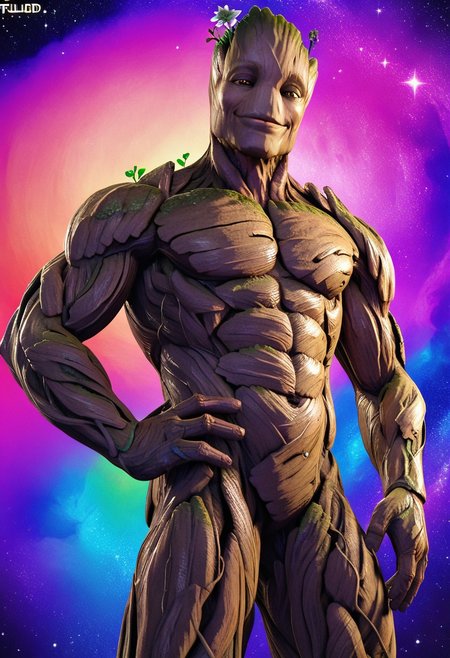 score_9, score_8_up, score_7_up, male, solo, Groot1, tall, flora fauna, made of wood, muscular, pecs, alien, noseless, amber eyes, smile, eyelids, half-closed eyes, smirk, smug, flirty, mouth closed, happy, expressive, looming, leaning forwards, hip focus, cocked hip, hand on hip, perfect hands, masculine, handsome, moss,  null, flower, sparkle, cocked hip, looking at viewer, head tilt, starry sky, (realistic, 3d:1.2), shading, psychedelic background, rainbow colors, masterpiece, extreme detail, low-angle view, zPDXL3, zPDXLrl, zPDXLpg, three-quarter portrait, side view