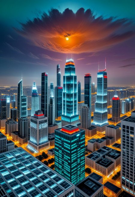panorama view from the roof of a skyscraper.
dark-orange cloud lumened by city, bright moon, dark-gray-purple sky; sky scrapers square and rectangular skyscrapers with white frequent square windows, shades of skyscraper windows: light green, light blue, dark blue, dark turquoise. The roofs of skyscrapers from dark squares to squares are illuminated with a dim blue square border, some of the skyscrapers are topped with red lights in the corners, one skyscraper with a red diode above it warning aircraft and place yourself on picture