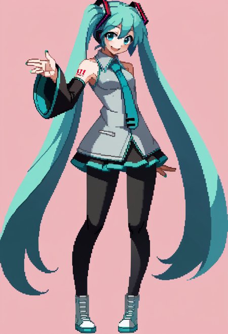 score_9, score_8_up, score_7_up, source_anime, BREAK, solo, 1girl, smile, looking at viewer,  <lora:Under-Night-In-Birth-SpritesV2-pdxl_Fp:1>, simple background, full body, standing, hatsune miku, black pants,