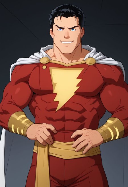 High Quality,  Shazam,  solo, 1man,  black hair, blue eyes, red suite, white cape, red hero suite, muscle body,  mischievous look, mischievous smile, drugged, sticking out the finger,