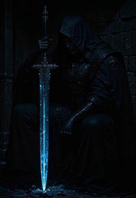 close up, a mysterious, hooded figure holding a large glowing sword. The style is dark and atmospheric, with a focus on shadows and light. The figure is cloaked in a tattered, dark robe that obscures its face, creating an enigmatic and ominous presence. The sword is the focal point, emitting a bright, ethereal blue light that contrasts sharply with the dark background. The background is a textured wall with cracks, adding to the mysterious and ancient feel of the scene. The overall composition is balanced, with the figure positioned slightly off-center, enhancing the dramatic effect of the glowing sword.  <lora:flux.1_lora_flyway_Epic-detail_v2:0.85> <lora:FluxMythAn1meL1nes:0.8> <lora:MoriiMee_Gothic_Niji_Style__FLUX_LoRA_Test_2:0.65>