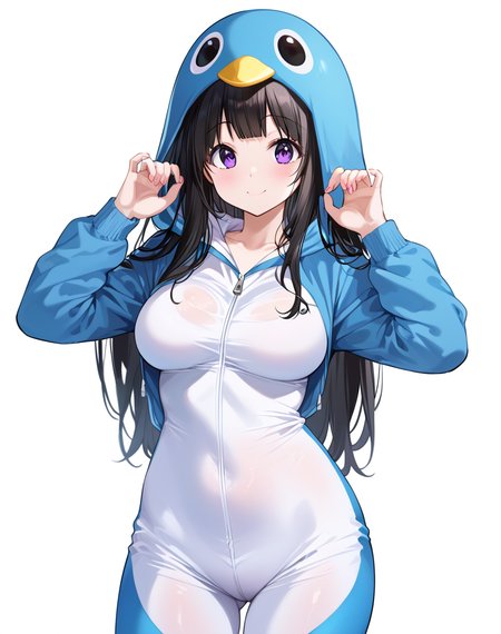 eru_chitanda, black hair, long hair, purple eyes, breasts, penguin costume, cosplay  BREAK simple background, white background BREAK cute pose, cowboy shot, smile BREAK score_9, score_8_up, score_7_up, source_anime ,zPDXL, <lora:Eru_Chitanda:0.8>