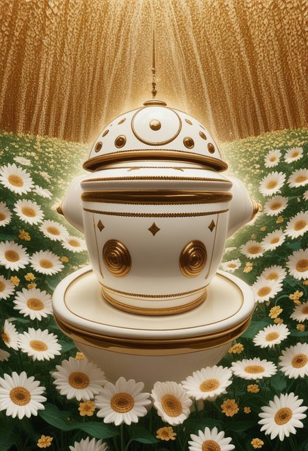 A white and gold porcelain teapot with a flowers.  with a "soviet red_star" emblem (pmg style, h1ppyCE style, hippy)