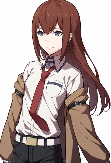 score_9, score_8_up, score_7_up, source_anime BREAK 1girl, solo,
<lora:zs_AwakeningPortraitsXL:1> awakeningportraits, portraits, white background
 <lora:steinsgate_makise_ponyXL:1> makise kurisu, brown jacket, off shoulder, white shirt, red necktie, black shorts, pantyhose, legwear under shorts, white belt, smile, closed mouth