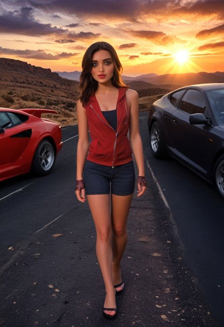 score_9, score_8_up, score_7_up, score_6_up, score_5_up, score_4_up, Expressiveh, BREAK, RAW, 8k, source_real, masterpiece, high quality,  strong shading, strong lighting, 1girl, 30 years old, tall, thin,
easynegative, traditional media, show accurate:1.4,  outdoor, (day time,:1.7), sun, 
easynegative, standing up, (walking:1.9), (front view: 1.5), wind, sunset, desert, car, canyon, strong wind, red sky, clouds,
face_detail, skin_detail, lustrous_skin, skindentation,  nail polish, lipstick, shank, 
cleavage, sleeveless, hooped earrings, fingerless gloves, tattoo, brown hair, badass, high heels,
(perfect anatomy:1.9), (tilted camera angle:2.0), cinematic style, red lamborghini,  disney style,
full body visible, sultry, slender hips, overactive hips, zPDXL3, nylnft, (sultry pose:1.6), watercolor \(medium\), traditional media, irl, (realistic style:1.8)