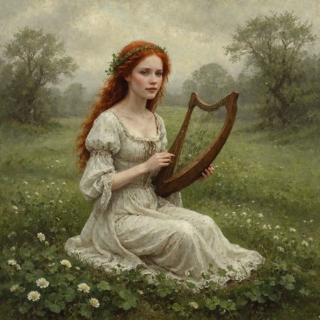 An digital illustration drawing masterpiece with intricate details and the best quality art by, (petrus van schendel) (hans larwin) and (dorian cleavenger), (luis royo) a attractive alluring beautiful irish peasants woman with auburn red hair, delicate face with small (freckles), (smile flirtatiously) wearing traditional irish dress doing on a (clover field) meadow (playing harp) <lora:add_detail:0.8>  <lora:ClassipeintXL1.9:0.5>   <lora:aesthetic:0.8>  <lora:LaxpeintXL-2.0:0.5> <lora:Desolation:0.5>