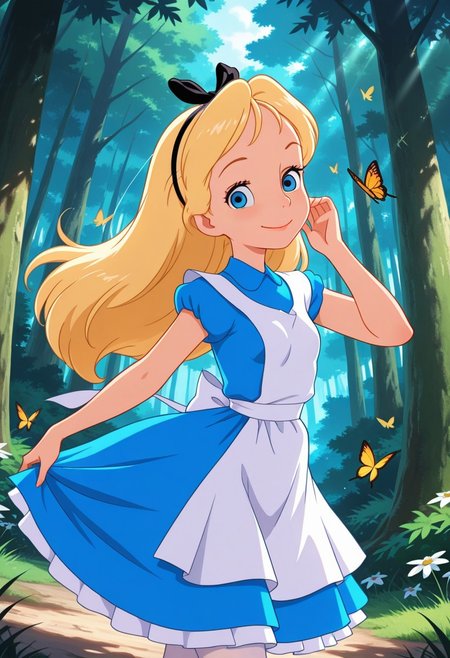masterpiece, best quality, amazing quality, very aesthetic, absurdres,  newest, detailed background, outdoors, dynamic angle, forest, butterflies, 4k, 8k, (official style:1.2)
alicexd, 1girl, solo, blonde hair, long hair, hairbow, blue dress, white apron, bow, cowboy shot, white tights, small breasts,  looking at viewer, blue eyes, smile, dancing,
<lora:Alice_-_Disney_Illustrious:1>
