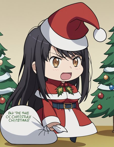 score_9, score_8_up, score_7_up, source_anime, <lora:yuki-kaizuka-s1-ponyxl-lora-nochekaiser:1>, yuki kaizuka, long hair, black hair, brown eyes, medium breasts, anime screencap,, <lora:padoru-ponyxl-lora-nochekaiser:1>, padoru, padoru (meme), holding sack, sack, santa hat, meme, christmas, open mouth, chibi, red capelet, santa dress, capelet, fur-trimmed headwear,, , dutch angle, cowboy shot