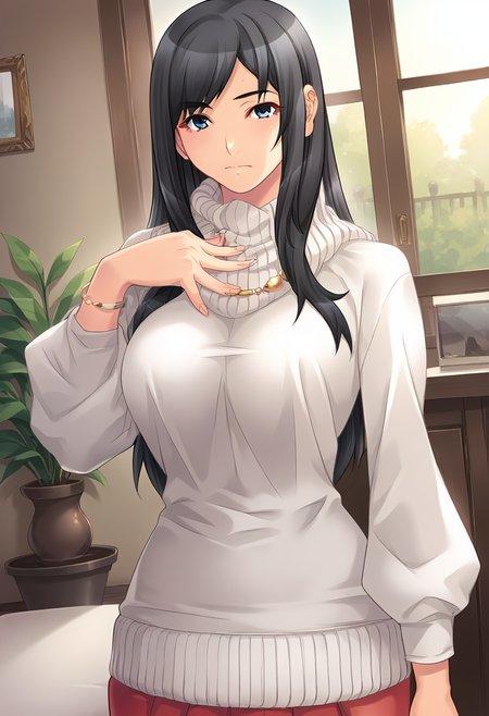 score_9, score_8_up, score_7_up, score_6_up, score_5_up, score_4_up, masterpiece, source_anime, 1girl, c nanami, long hair, large breasts, black hair, blue eyes, white turtleneck sweater, puffy long sleeves, red miniskirt, untucked shirt, jewelry, indoors, looking at viewer, hand up, dutch angle,<lora:Nanami_HondaVer3_PONY_c:1>