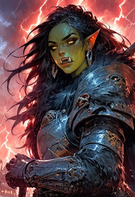 score_9, score_8_up, score_7_up, score_6_up, score_5_up, score_4_up,<lora:Fant5yP0ny:0.8>,cowboy shot, 1girl, (0rc woman), (green skin:1.3), evil paladin, (menacing woman), tall, yellow eyes, black hair, long hair, heavily armored, black breastplate, large pauldrons, chainmail, armored skirt, black metal belt, metal gauntlets, heavy armor, black fur cloak:1.3, black fur collar:1.6, weapon, solo, looking at viewer, power armor, heavy rain, red lightning aura around body, storm in background, town in background, earrings, fangs, beautifully backlit, depth of field:1.5, (indirect lighting:1.3), (high contrast shadows), (dramatic shadows across face:1.4), cinematic lighting, very muscular,  plate armor, fangs, female orc, orc, red fractal clouds and lightnings
