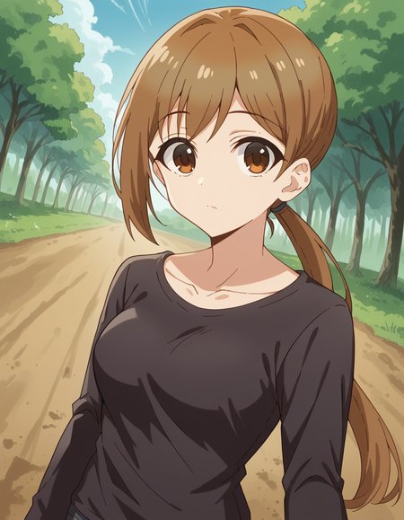 score_9, score_8_up, score_7_up, source_anime, <lora:shikanoko-ukai-s1-ponyxl-lora-nochekaiser:1>, ukai, bangs, brown hair, brown eyes, ponytail, medium breasts,, shirt, black shirt, long sleeves, collarbone, pants,, bike ride, countryside, dirt road, trees, afternoon sun, peaceful, alone, , looking at viewer, undefined, solo,, cowboy shot, dutch angle