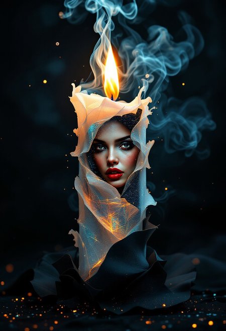 double exposure, fairy tale fantasy, large burning candle with woman porcelain skin inside candle, red lipstick, large black paper, 3d, smoke, realism, hyper-detailed, sharp focus, professional photoshoot, chiaroscuro lighting, intricate details