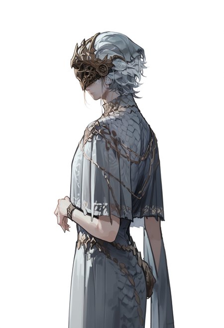 score_9, score_8_up, score_7_up, score_6_up, score_5_up, score_4_up,
<lora:EldenRingV1.1:1> 3ld3n, 
snake, dress, grey dress, solo, simple background, helmet, white background, (genderswap), (mtf), standing, covered eyes, own hands together, 1boy, grey hair, closed mouth