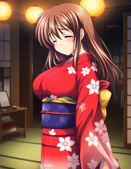 score_9, score_8_up, score_7_up, source_anime, rating_explicit, BREAK  <lora:Yotsutani_Asako_Ver2.0_XL:1> YotsutaniAsako, solo, brown hair,  large breasts, long hair,
japanese clothes, kimono, closed eyes,  obi, red kimono, sash, long sleeves, floral print, blush,
Japan room, 
sad, 
looking at viewer, 
cowboy_Shot,