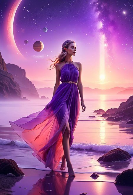Female elf walking on a shore, sunny morning with shades and fog.
Purple skies with planets and stars.
coral dress