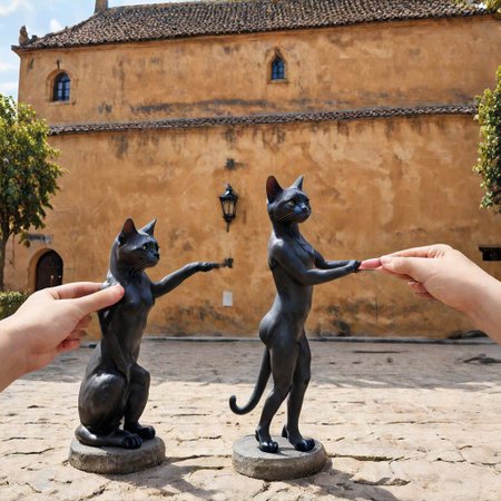 F-B-C, foreground: cat, background: statue, effect: the cat shakes the statue's hand