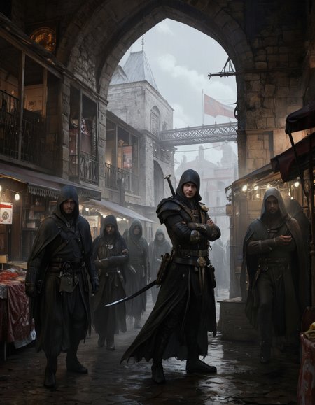 By Arthur Yuan.
A dramatic, dark fantasy scene featuring a bustling medieval market with figures in hooded cloaks walking through an archway. the scene is set in a rainy, medieval town with stone buildings, stalls, and a bridge in the background. on the right side of the image, a male figure stands with his arms crossed, wearing a hooded cloak and holding a sword, standing in the middle of the frame. he appears to be a young adult, with a serious expression, and is facing the viewer. in the foreground, a group of other figures, including men and women, are walking in a line, all dressed in dark hooded clothing. the atmosphere is dark and moody, with the rain pouring down on the ground and the cityscape in the distance.