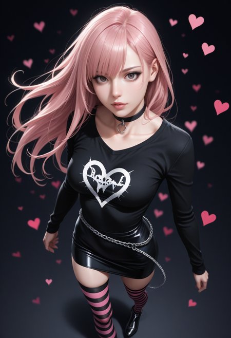 depth of field, focused subject, dynamic angle, dynamic pose, best quality, detailed eyes, perfect eyes, realistic eyes, long side bangs, (hazel:0.6) eyes, two tone black and pink hair, long hair, upturned nose, sharp nose, ((full lips)), (black eyeliner), skinny, thin hands, petite body, thin legs, narrow shoulders, narrow waist, emo girl, black choker, checkered stockings, striped stockings, stockings, waist chain, silver chain, gumshoes, small ass, medium breast, realistic breast, black sweatshirt, thigh dress, black ruffled skirt, BREAK, standing, hips slightly turned, side view, looking at viewer, movie perspective, dark background, abstract background, neon heart, ((broken heart background)), dynamic light, (close up)