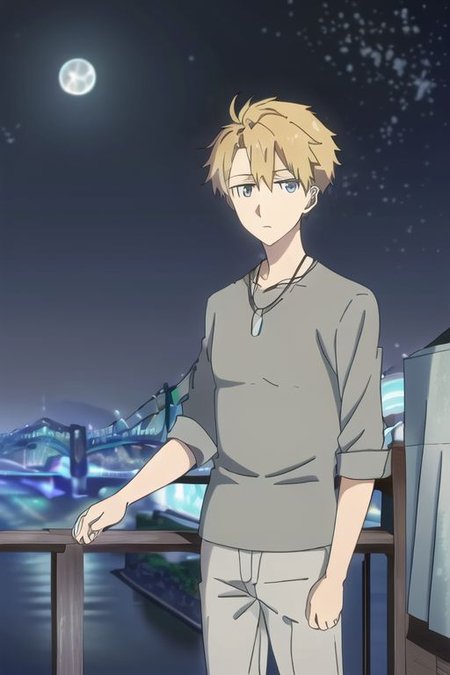 high resolution, professional photography, solo, best quality, 1Boy, Yamato Ishida, Blond Hair, Deep Blue Eyes, Necklace, depth of field, moon, fantastic night, stary sky, dreamlike, midle of bridge, OverallDetail