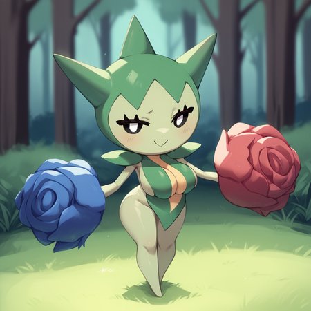 best quality, score_9, score_8_up, score_7_up, score_6_up, score_5_up, rating_sensitive,  source_furry, BREAK,
<lora:Roselia_Pokemon-000010:1>, 1girl, roselia, pokemon\(creature\), green skin, black eyes, white pupils, flower hands, head spikes, bottomless, smile, short stack, breasts, full body, leaf cloth, cleavage, standing, BREAK,
(forest background, evening)
