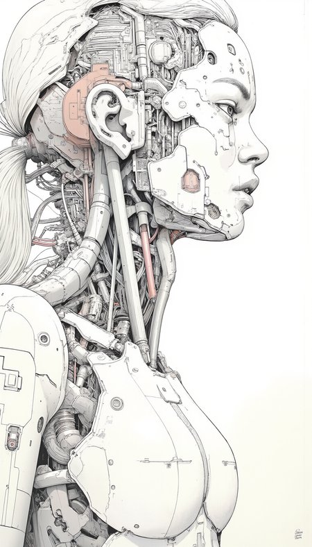 cyborgheadv2 A intricate graphic novel illustration with a cyberpunk aesthetic, with dark outlines showing android, blonde hair, breasts, cable, cyberpunk, cyborg, gun, headphones, headset, joints, lips, mechanical parts, power armor, robot joints, science fiction, solo, upper body  <lora:cyborgheadv2:1.1> <lora:CPA:1>