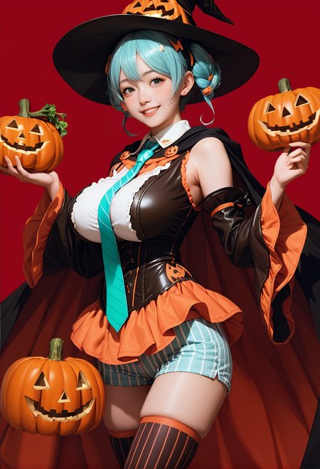 1girl,cowboy shot,red background,,ruanyi1053,aqua necktie,cape,detached sleeves,frills,halloween costume,jack-o'-lantern,vertical-striped thighhighs,vertical-striped shorts,wide sleeves,holding vegetable,<lora:1053 halloween costume_v1_pony:1>, score_9, score_8_up, score_7_up, score_6_up, score_9, score_8_up, score_7_up, score_6_up source_anime, blush, 1girl, seduce smile, perfect body , natural huge breasts