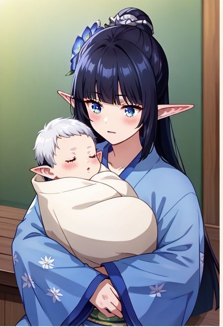(ultra-detailed, ultra detailed), (master piece, best quality, high resolution), zPDXL, (score 9), (score 8 up), (score 7 up), (score 6 up:0.5), (high quality face), ultra quality face, (super detailed beautiful face), detailed face, beautiful eyes, detailed eyes, extremely detailed, 
source_anime, anime screencap, Anime Screencap, animation, (2D), 
1girl, score_9,score_8_up,score_7_up, blanket over body, 
elf ,pointy ears, blue eyes and long black hair, couplelunia, blue kimono, long black hair mother, wide long sleeves blue kimono, white sock, green obi, himecut, hime cut, blush, black hair wife, blue eyes, close up shot, upper body, blue flower hairpin,
 looking down at baby, sitting down, (baby sleeping), baby carry, holding baby,