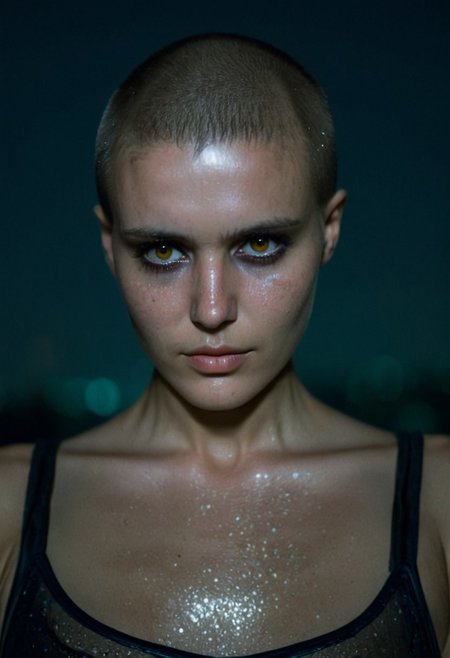 Buzzcut, no hair, bald, Blade Runner style, cinematic film still, (Skin Texture, pores, natural,iPhone,RAW)), natural lighting, Highest Quality closeup Portrait photo of a woman with a ((buzzcut)), silver eyes, Nikon Z9, realistic matte skin, blurry city in the background, at night, moody, epic, gorgeous, 8K,