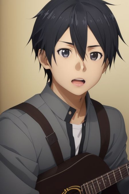 high resolution, solo, best quality, 1Boy, Kazuto Kirigaya, portraits, Black Hair, Black Eyes, singing, portrait, dept of field, virtual concert, playing musical instrument, OverallDetail