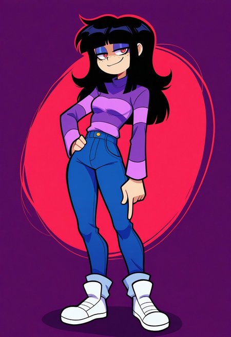 SarahHendersonFNF, 1girl, solo,  red eyes, long hair, black hair, blunt bangs, freckles, small breasts, purple striped shirt, blue jeans, white shoes, full body, looking at viewer, eyeshadow, smug smile, standing, abstract background