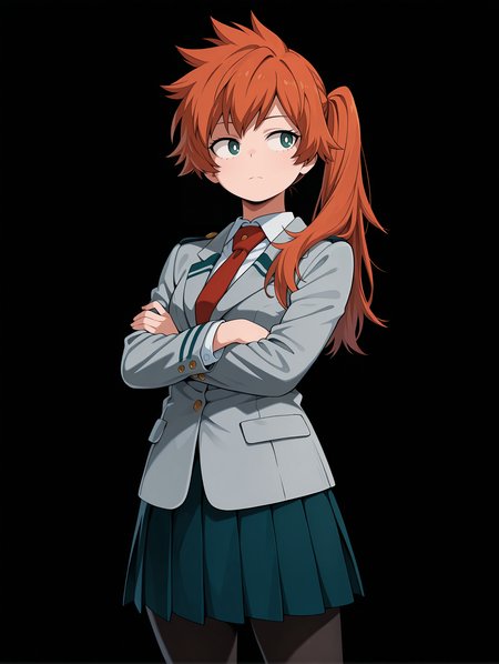 <lora:Kendo Illu:1>
1girl, solo,
kend0, long hair, orange hair, side ponytail, green eyes, 
u.a. school uniform, red necktie, white collared shirt, pleated skirt, blazer, pantyhose, 
cowboy shot, looking at viewer, expressionless, looking to the side, 
crossed arms, frown,, masterpiece, best quality, amazing quality,, simple background, black background