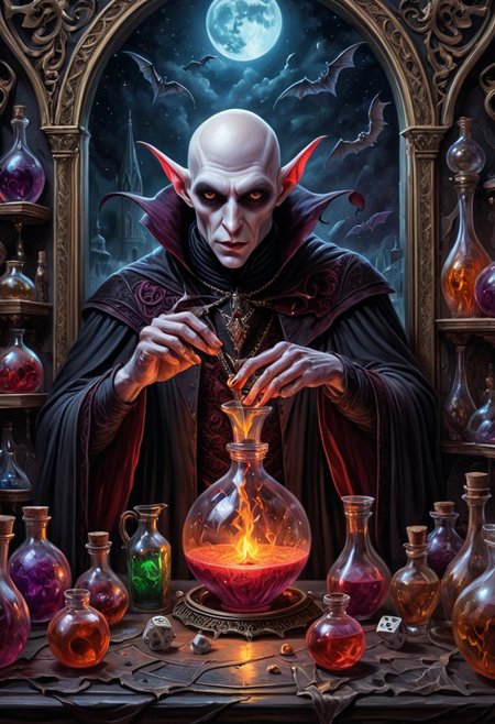 Ethereal fantasy concept art of vampire lord nosferatu brewing potions. Dice, magnificent, celestial, ethereal, painterly, epic, majestic, magical, fantasy art, cover art, dreamy, insanely detailed and intricate, hyper maximalist, elegant, hyper realistic, super detailed, vivid colours, ornate, dynamic, articulate, 8K, <lora:3D_Framed_Wall_Art_-_By_DICE:0.6>, (Framed 3D), EPIC, high budget Hollywood movie, volumetric, Painstaking Attention To Detail, UHD