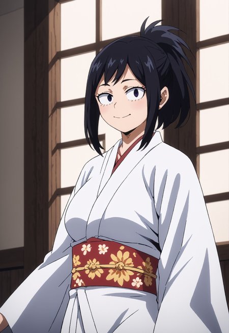 safe_pos, safe_pos, score_9, score_8_up, score_7_up, score_6_up, source_anime, my hero academia, 1girl, looking_at_viewer, best quality, anime screencap, white kimono, (white kimono:1.2), wide sleeves, long sleeves, obi, sash, floral print, yukata, furisode, black hair, large breast, black eyes, short ponytail, low ponytail, Bob cut, beautiful face, happy, oc, original character, smile expression, 