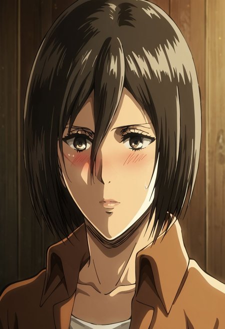 1girl, solo, Mikasa Ackermann, attack on titan beautiful face, detailed eyes, detailed face, standing, taking off top, showing boobs,  medium chest, blushing, looking away shy