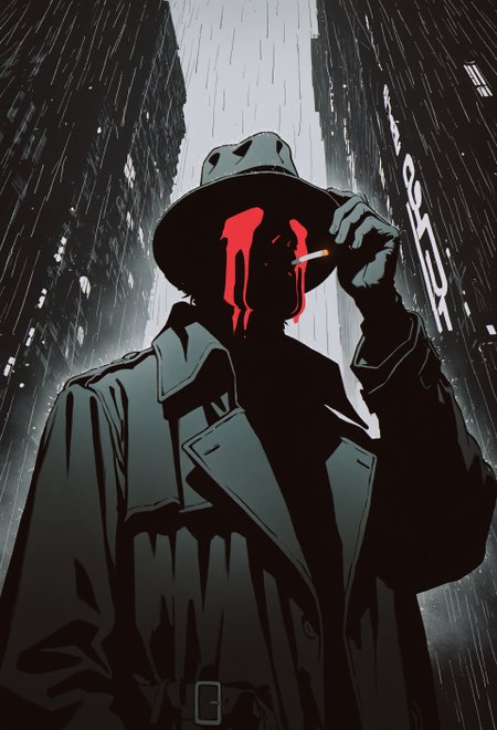 male focus, solo, upper body, from below, hunched over, adsam, monochrome,
fedora, trench coat, hand on headwear, hat over eyes, silhouette, streaming tears, cigarette, dark background, city, rain, [overcast],
vdsur, surreal, realistic, limited palette, blending, spot color,
masterpiece