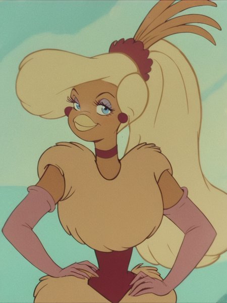 goldie, 1girl, bird girl, long hair, blonde hair, solo, elbow gloves, blue eyes, choker, earrings, ponytail, makeup, fur dress, furry,looking at viewer, smile,upper body, hand on own hip,  score_9, score_8_up, score_7_up, score_6_up <lora:GoldieRockaPony1.0:1>