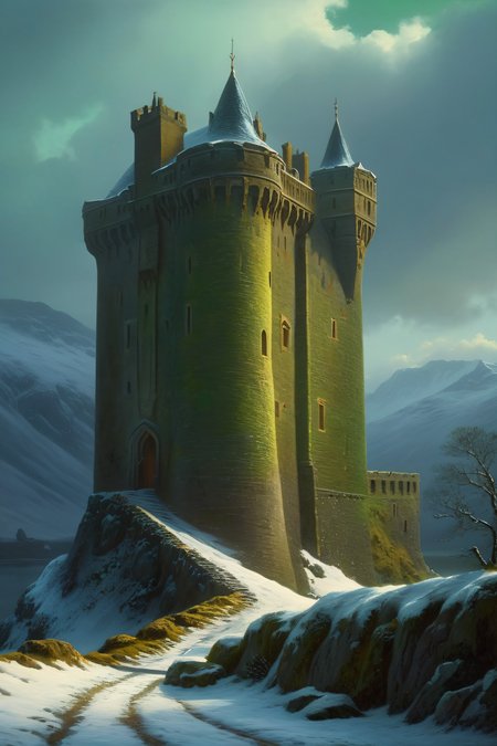 fantasy atmosphere, (snow, snowy winter landscape), (a Scottish tower keep in the Scottish Highlands), (13th Century:1.5), epic sky, dramatic atmosphere, dream scenery art, beautiful oil painting, masterpiece, highres,  <lora:add-detail-xl:1>   <lora:Aros_Castle_Style:0.7>