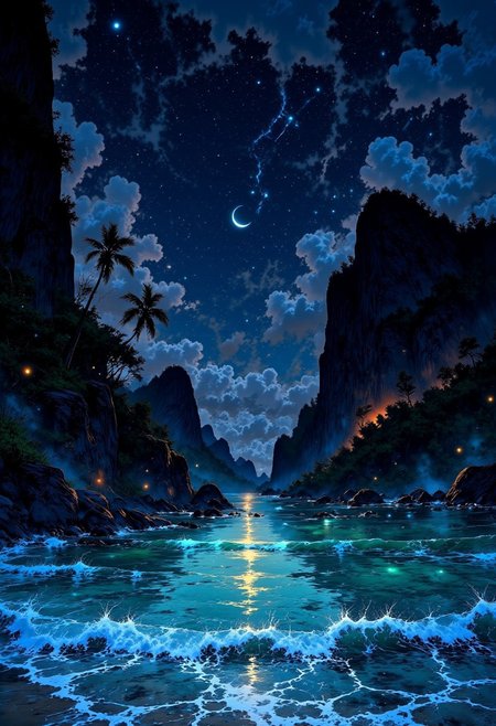 Thailand’s Phi Phi Islands – Limestone Cliffs & Bioluminescent Tide
"A breathtaking tropical night along the Phi Phi Islands in Thailand, where towering limestone cliffs rise from the darkened sea. The water glows with neon-blue bioluminescence as gentle waves roll onto the sand. Fireflies dance among the jungle trees, and a crescent moon hangs above, casting a soft golden glow over the tranquil scenery."